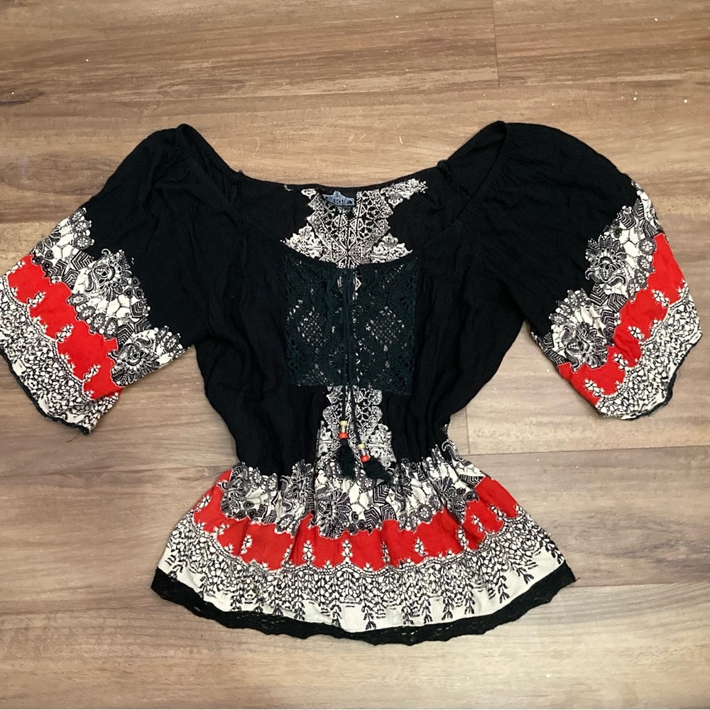 Vintage Angie Cotton Peasant Blouse Black and Red Bohemian Top